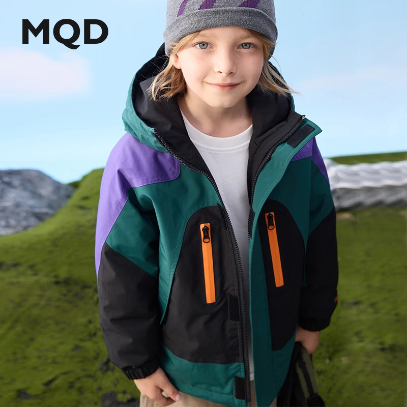 MQD儿童户外洋气中大童秋冬加绒加厚冬季拼接保暖连帽撞色防风