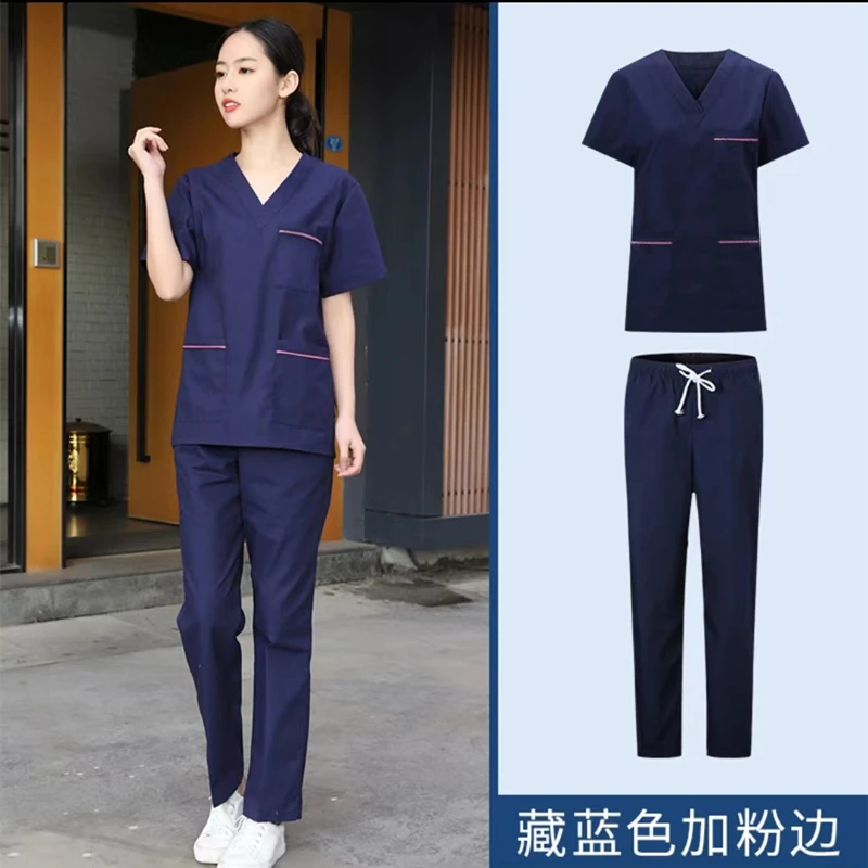 洗手服藏蓝色短袖套装春夏医护服装美容宠物采耳手术夏季时尚有型