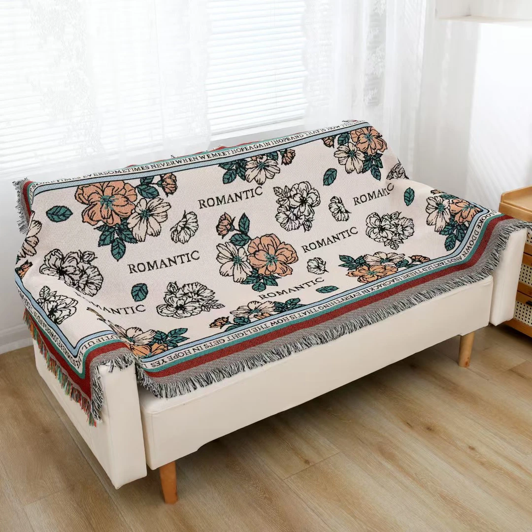 【山茶花】90x240cm亚麻编织沙发巾多功能流苏提花沙发毯茶毯桌毯