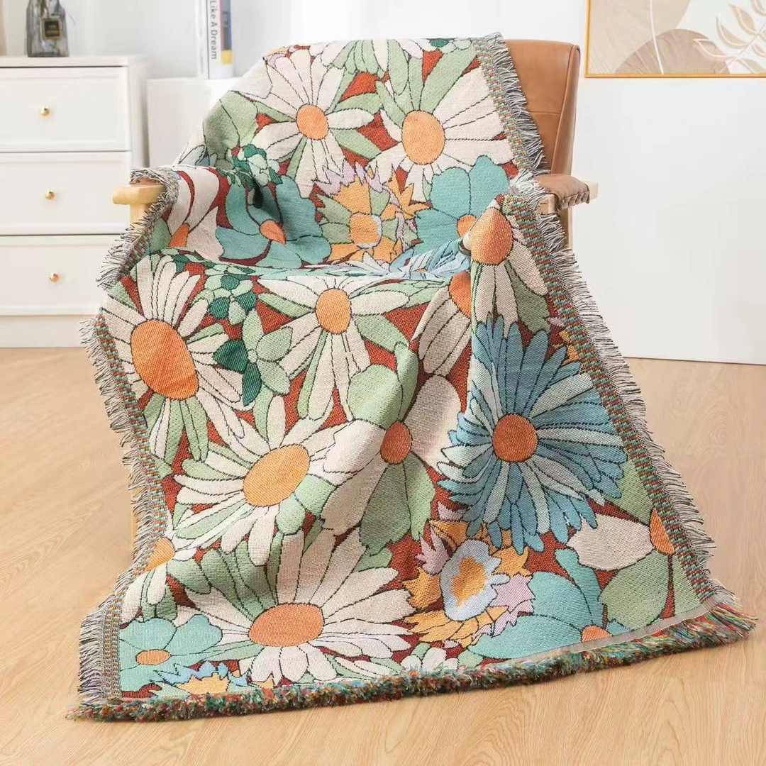 沙发毯【繁花似锦】色织提花多用途沙发巾靠背巾床毯桌毯四面流苏