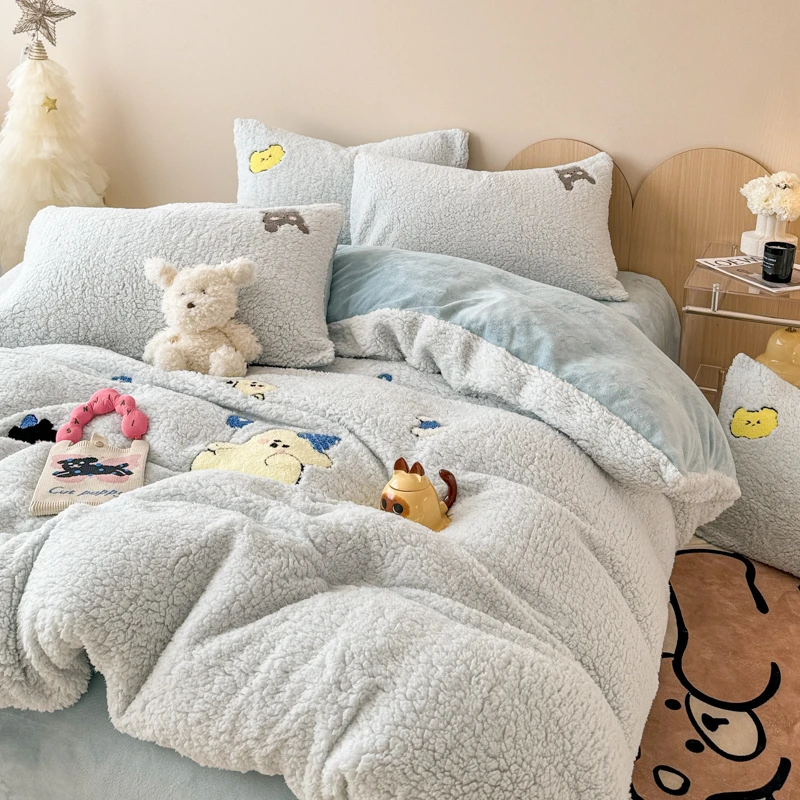 冬季加厚羊羔牛奶绒床上四件套珊瑚绒被套加绒面床单3三件套宿舍4