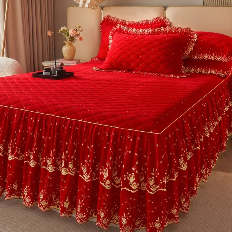 加厚宝宝绒床裙单件冬季牛奶绒夹棉带裙边床套防滑珊瑚绒床罩红色