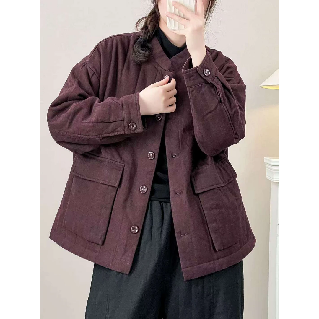 2024秋冬新款文艺复古宽松大码纯色亚麻立领夹棉外套保暖棉衣女