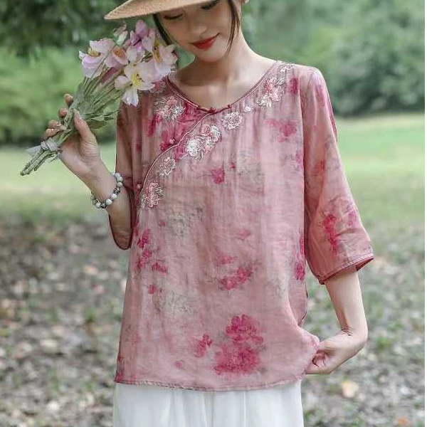 复古晕染印花苎麻斜襟盘扣衬衫女重工刺绣珠扣衬衣气质套头衫上衣