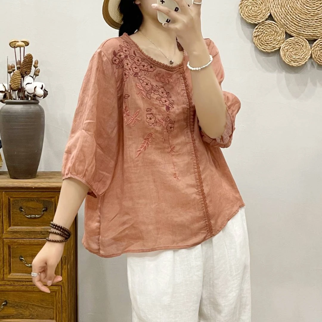 2025夏季新款100支苎麻重工刺绣绣花套头衬衫女圆领包边显瘦T恤