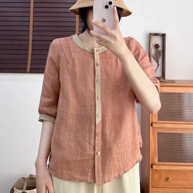 2025夏季新款苎麻中袖衬衫女短袖显瘦宽松女大码拼色上衣休闲衬衣