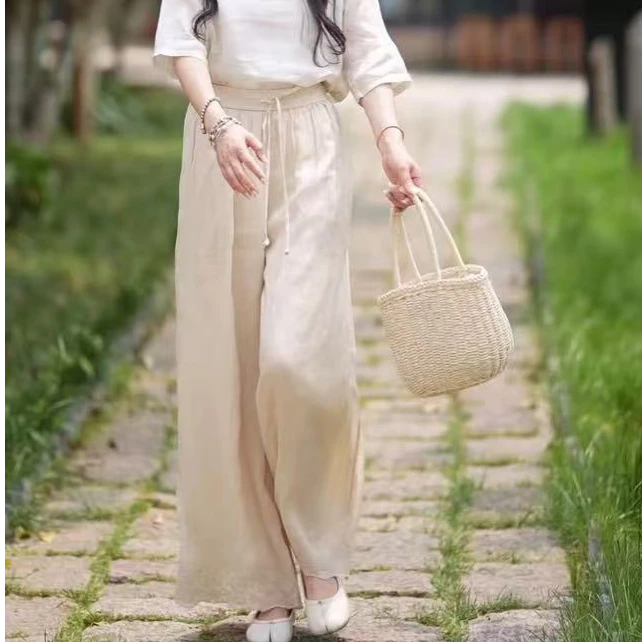 森系减龄刺绣松紧腰抽绳系带双层苎麻阔腿裤显瘦休闲裤