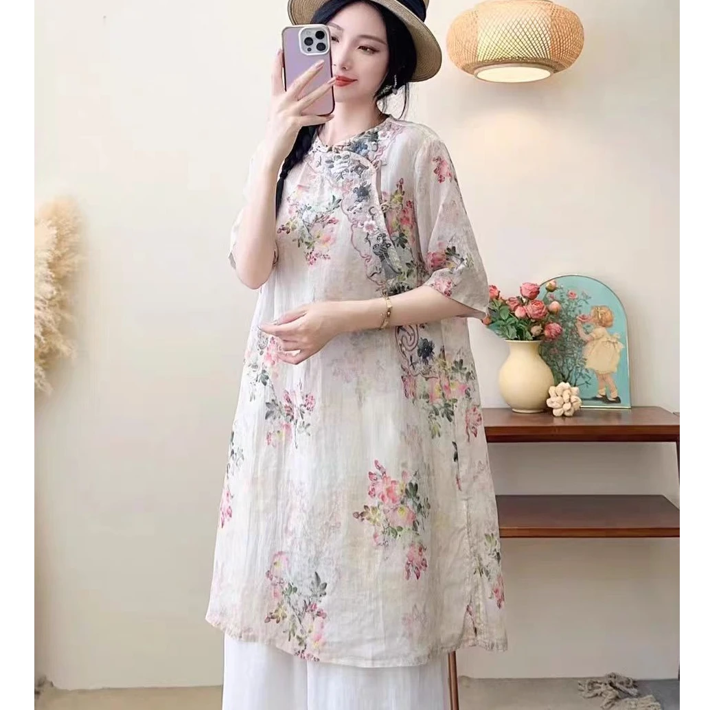 复古苎麻印花刺绣中长款连衣裙女夏新款文艺大码新中式气质上衣