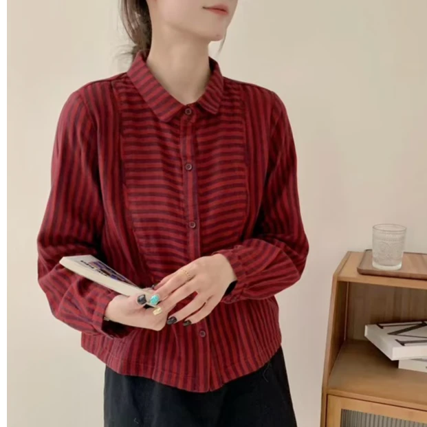 秋季薄款复古文艺条纹双层棉纱长袖衬衫女宽松时尚百搭纯棉上衣女