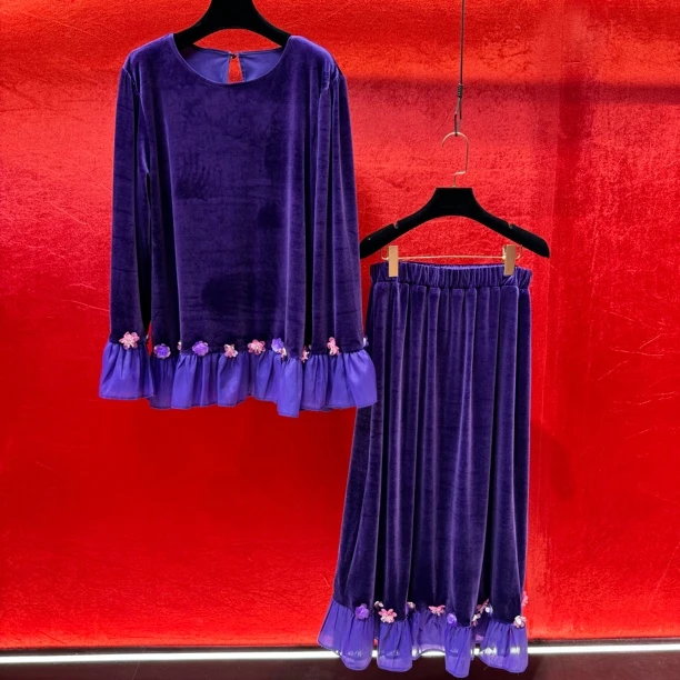 207/208深圳南油小众大码重工手工钉花仙气山茶花俩件套女装