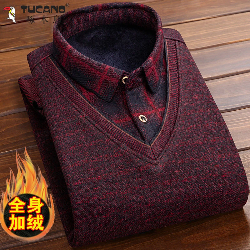 啄木鸟加绒假两件衬衫秋冬新款加厚毛衣针织衫打底衫中老年爸爸装