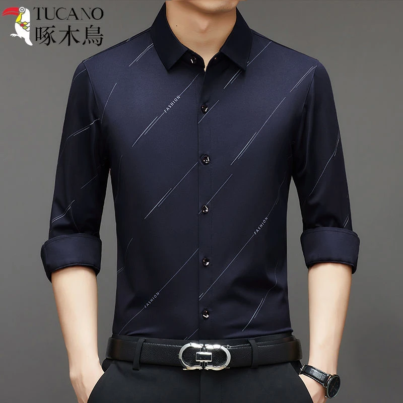 啄木鸟秋冬季长袖衬衫男士休闲时尚潮流免烫商务条纹加绒保暖衬衣