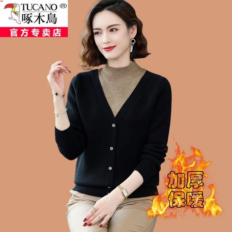 啄木鸟羊毛衫女士半高领毛衣秋冬新款一体加绒加厚保暖针织打底衫