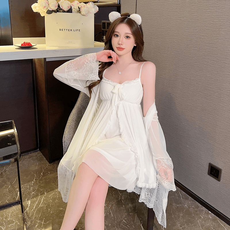 【YanFei】2023爆款网纱蕾丝两件套甜美带胸垫吊带外袍睡裙网红睡衣