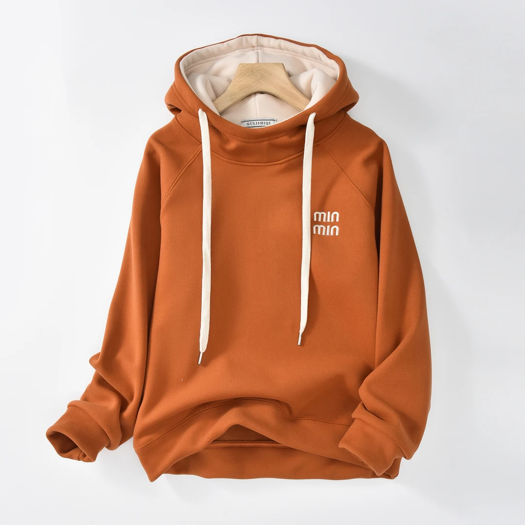 2024冬季新款慕斯绒纯色显瘦上衣连帽加绒卫衣女2956