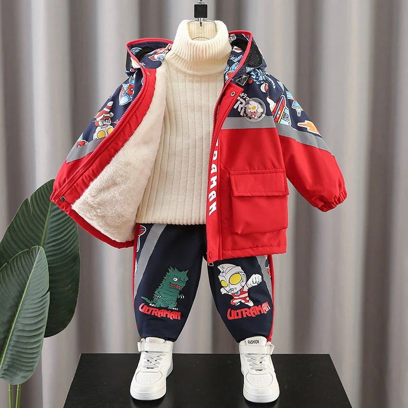 奥特曼男童套装加绒加厚冬季2024新款小男孩棉衣两件套儿童冬装潮