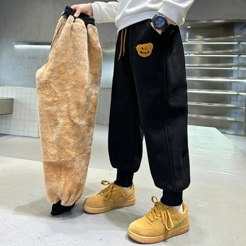 儿童2023秋冬季加绒加厚裤子中大童条绒休闲裤宽松保暖男童羊羔绒