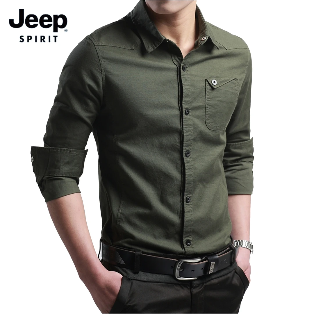 JEEP男士长袖衬衫秋季薄款纯棉韩版修身潮流商务休闲白衬衣服男装