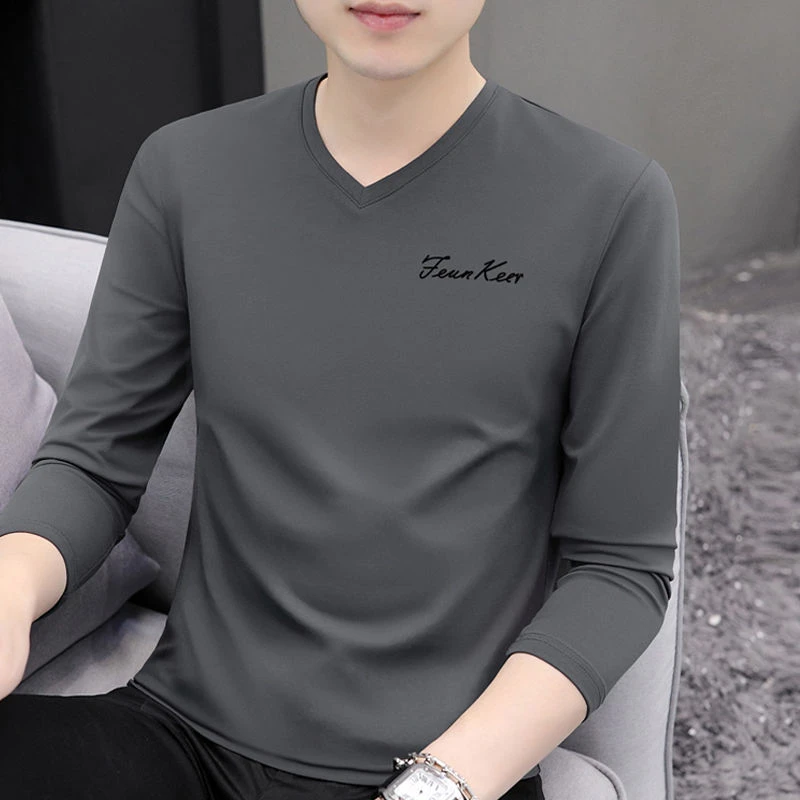 莫代尔纯棉2025新款长袖T恤男士V领春秋上衣薄款宽松版休闲打底衫