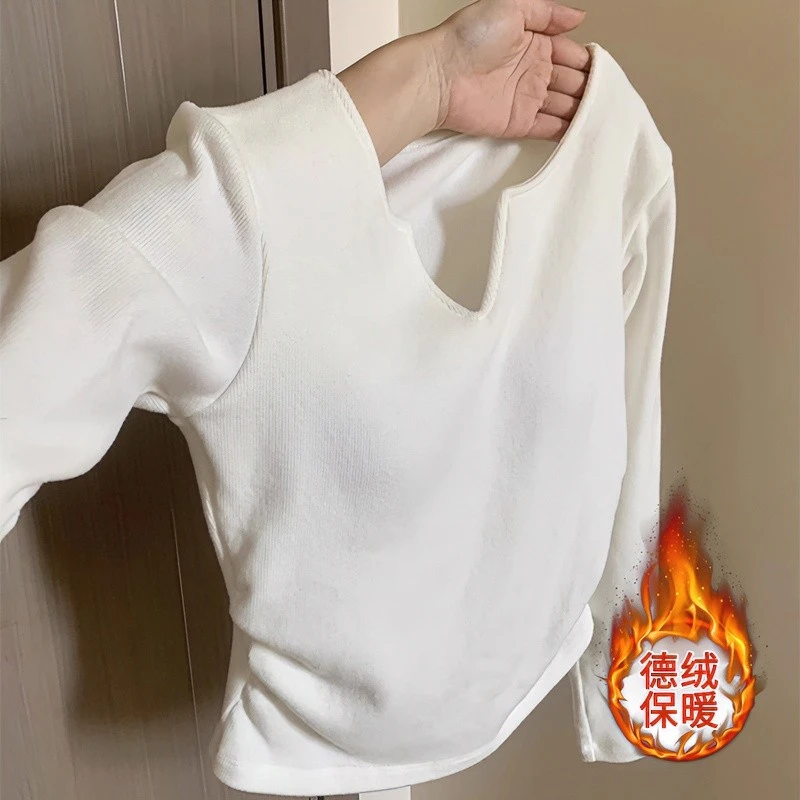 德绒v领打底衫女春秋冬季新款修身显瘦内搭长袖t恤设计感加厚上衣