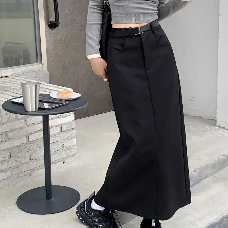 美式bella工装半身裙女秋季小个子西装半步裙高腰黑色开叉长裙子