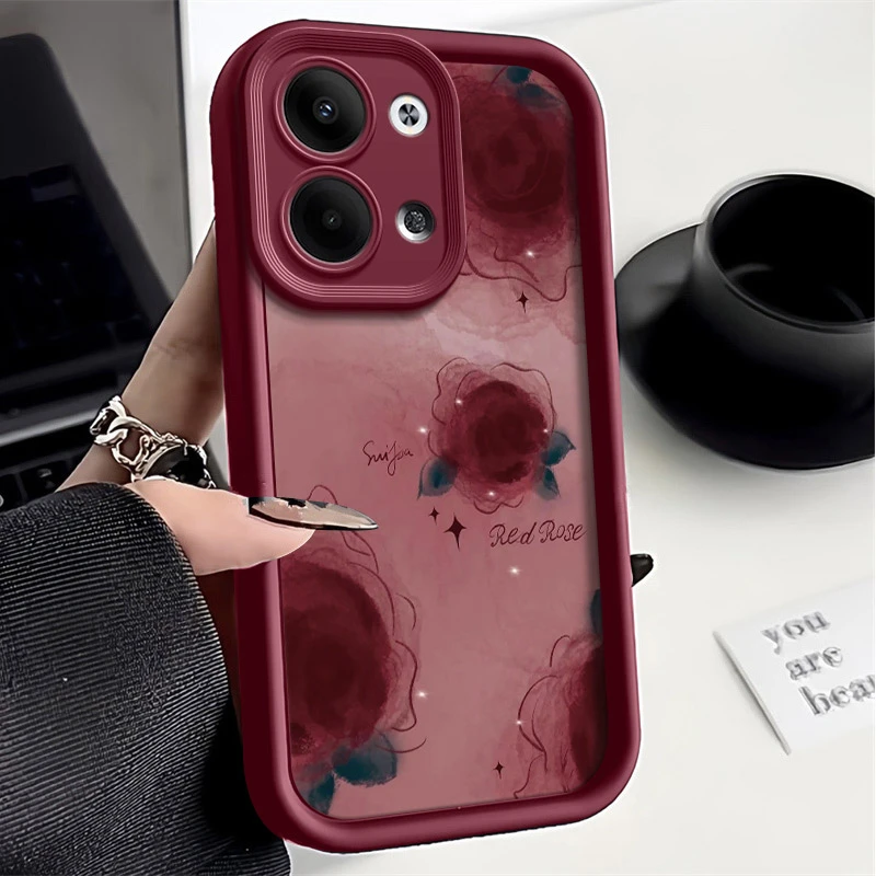 适用晕染红玫瑰OPPOReno9手机壳ins风全包耐脏保护套简约阶梯防摔