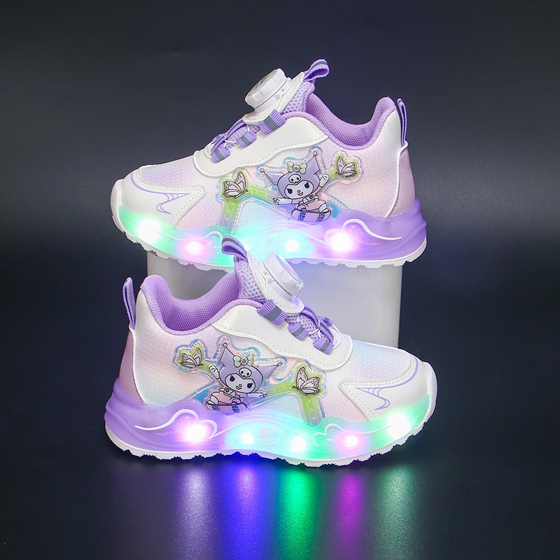 2024秋季新款女童库洛米网面透气运动鞋女孩旋转扣亮灯发光公主鞋