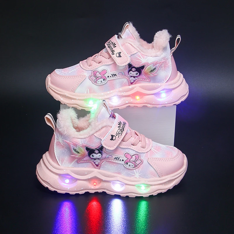 库洛米女童鞋2024秋冬中小童运动鞋女孩儿童带灯3-12岁加绒亮灯鞋