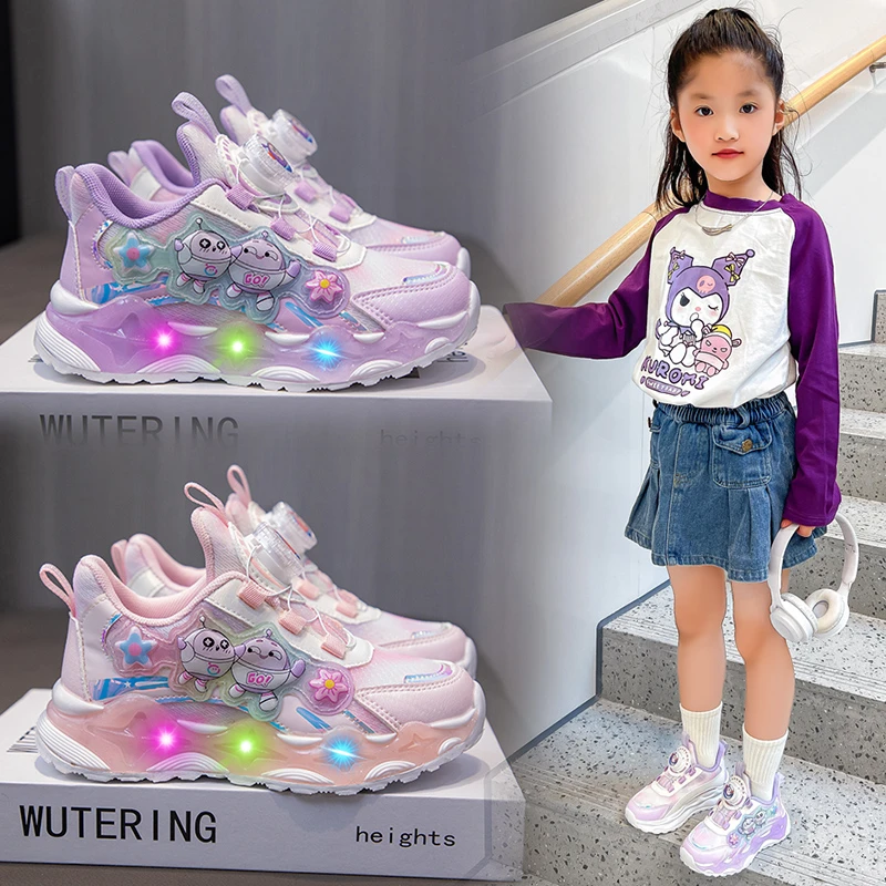 2024秋季女童旋转纽扣运动鞋儿童透气网面儿童鞋小女孩带灯跑步鞋