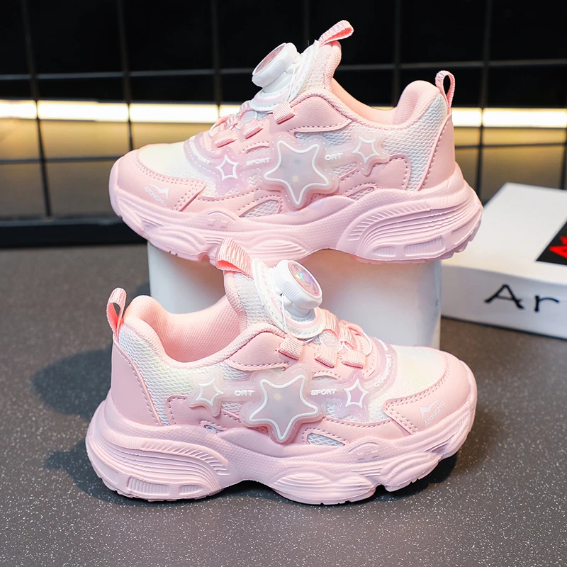 女童旋转纽扣运动鞋女孩小女孩休闲透气儿童学生中大童女童鞋子