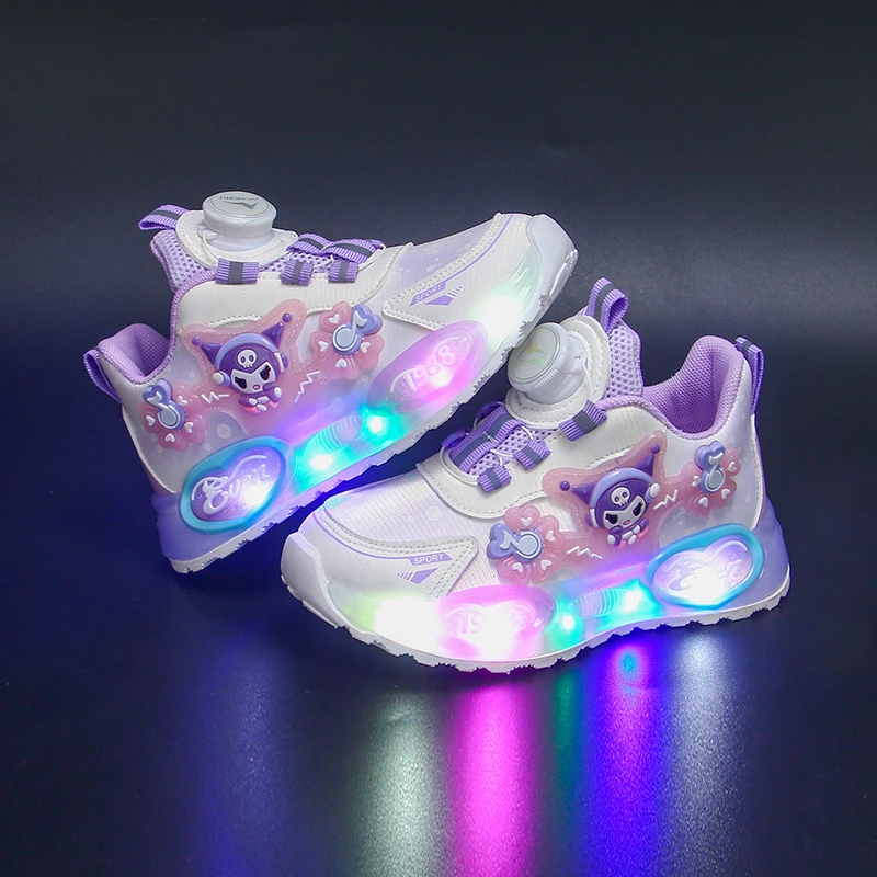 库洛米女童鞋2024秋季儿童带灯运动鞋2-12岁小学生透气软底跑步鞋