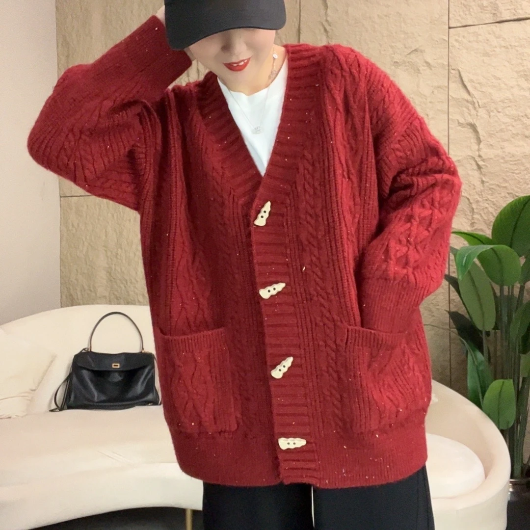 中长加厚秋冬新款羊-毛开衫女V领针织外搭毛衣牛角扣外套3045