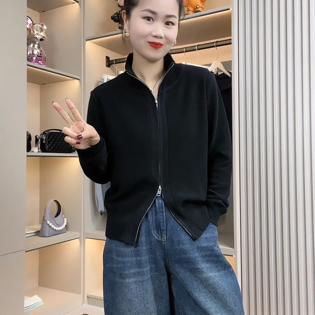 秋季新款时尚气质百搭减龄双拉链针织开衫女运动休闲女上衣3004