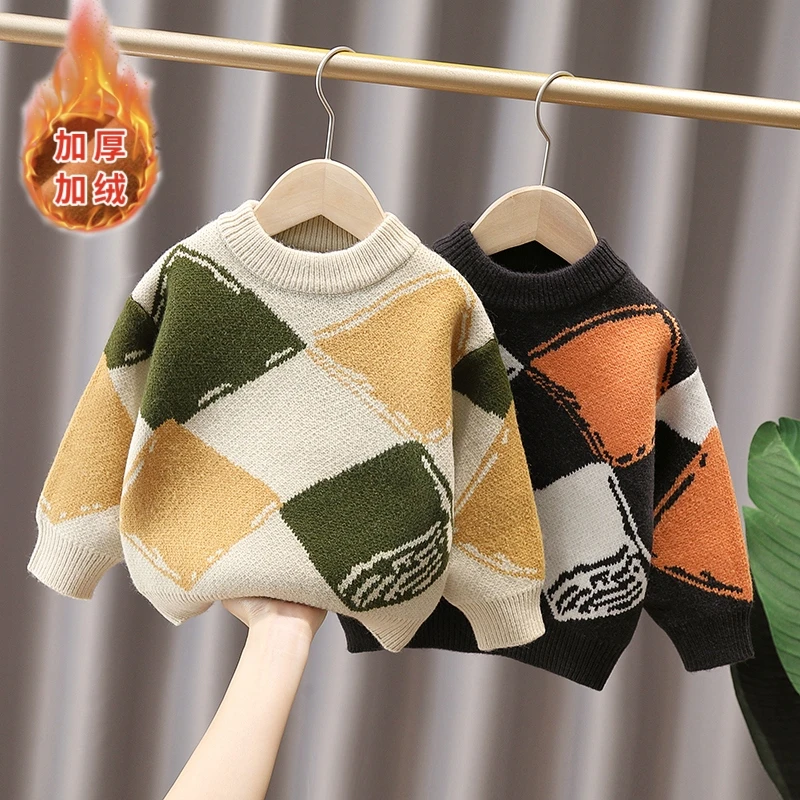 男童针织儿童毛衣2024秋冬装新款加绒加厚韩版保暖套头打底毛线衣