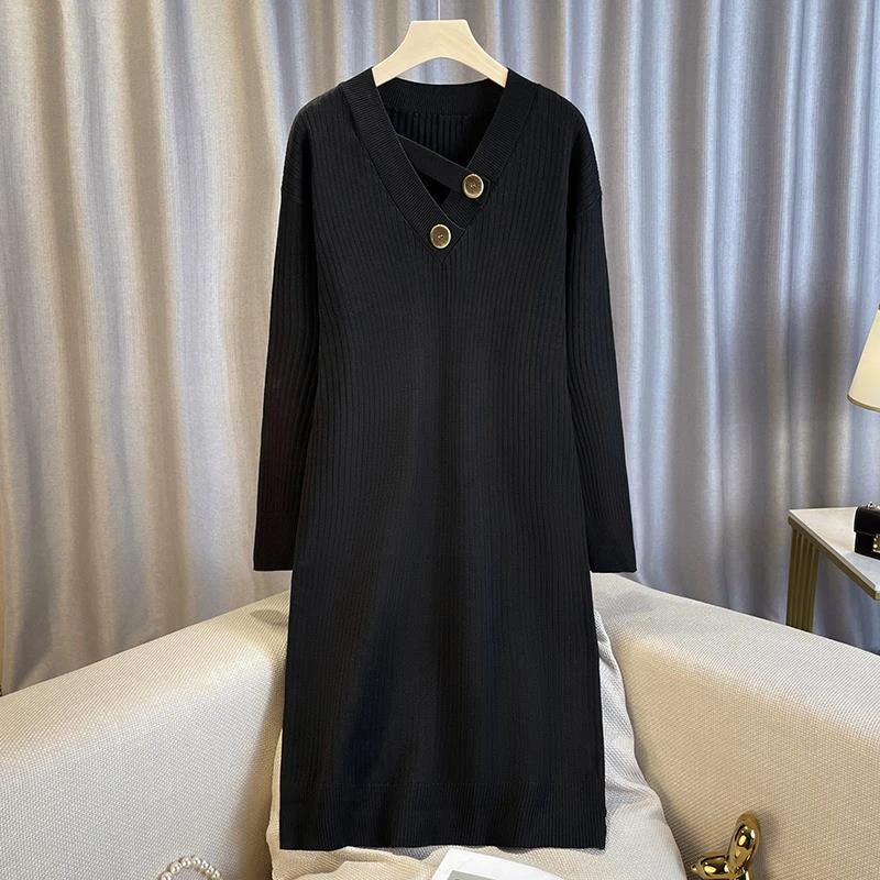 秋冬新款大码女装时髦V领中长款针织连衣裙胖mm遮肚显瘦毛衣裙子