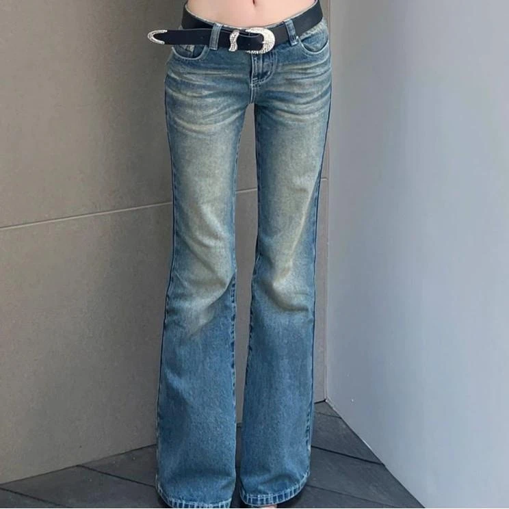 复古做旧低腰显瘦微喇叭牛仔裤女春秋水洗高个子加长拖地裤子