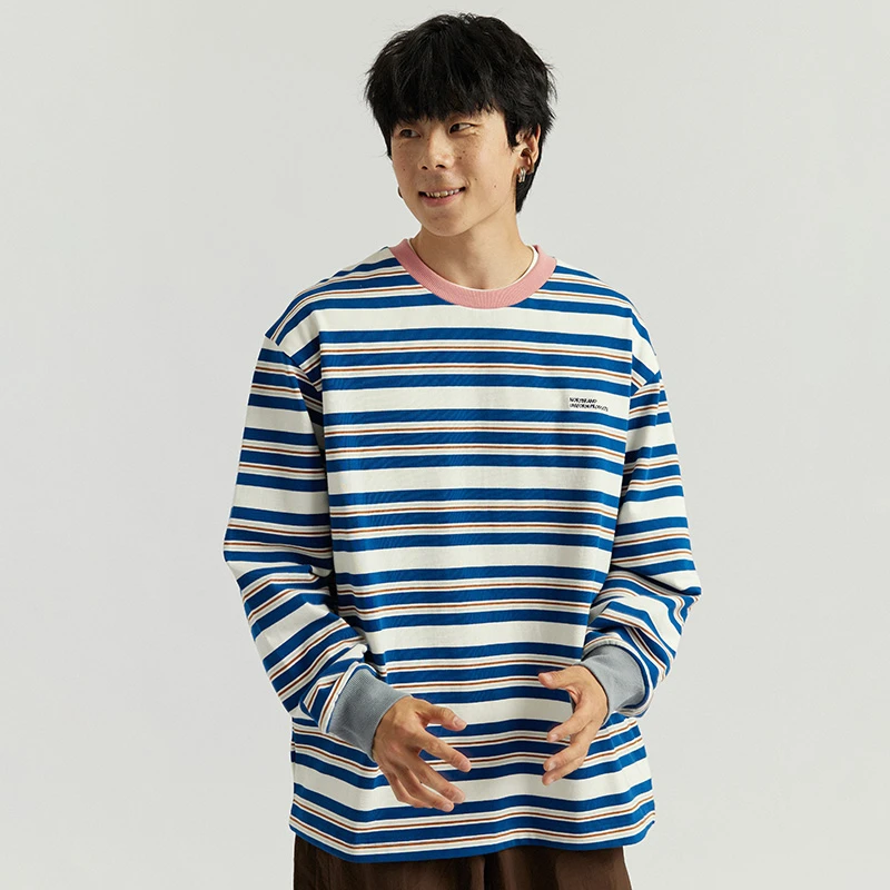 NORYBRAND 23FW 复古条纹撞色领口T恤 宽松刺绣运动上衣