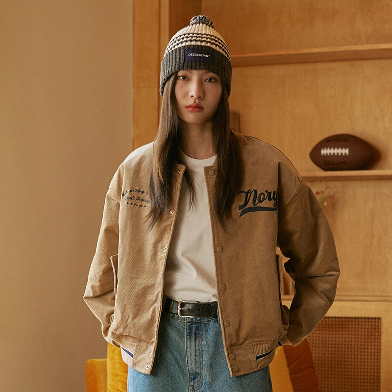 norybrand灯芯绒绣花棒球服棉服美式复古加厚外套秋冬新款夹克