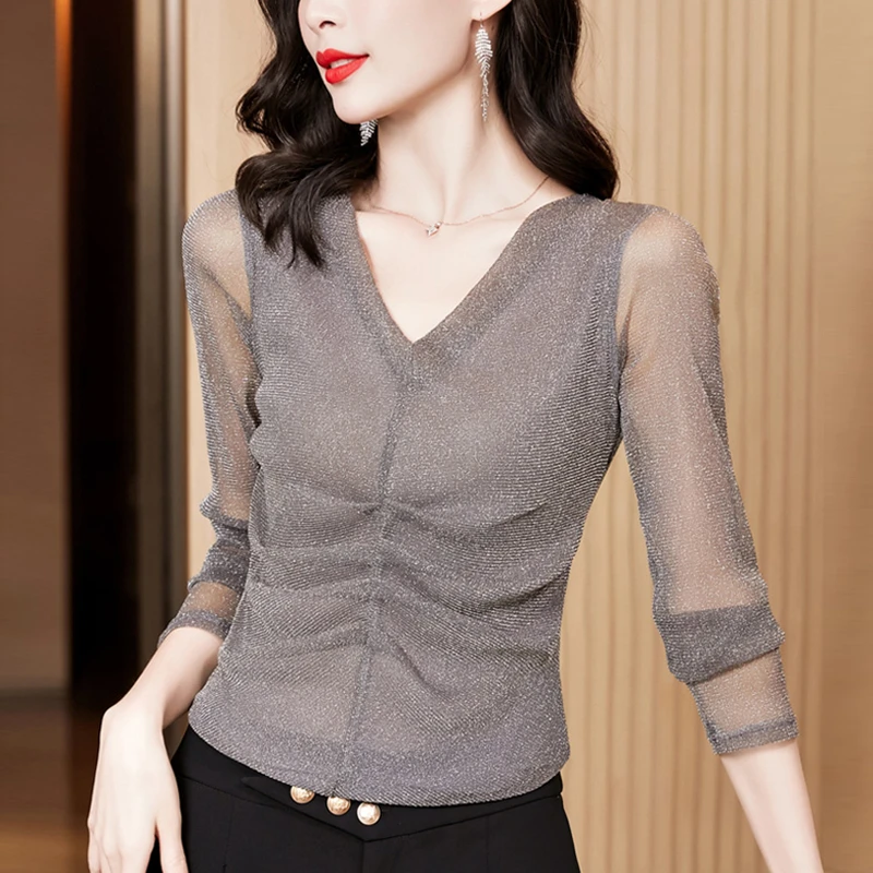 V领亮丝褶皱网纱T恤女长袖打底衫2025春秋季新款百搭上衣L2366