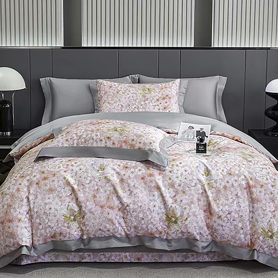 C6832高端数码印花丝光全棉100s标准四件套 黛西-粉200*230设计师