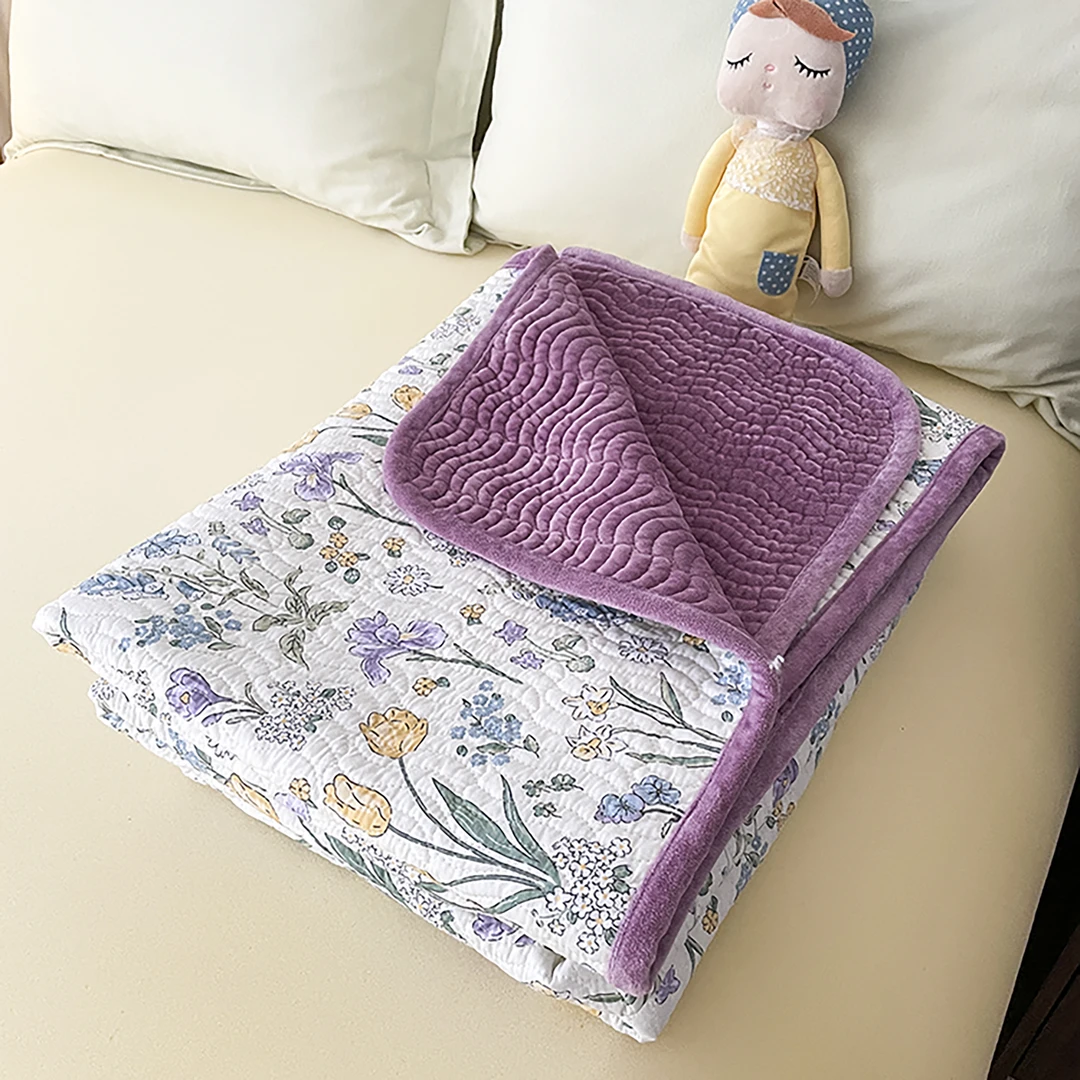 K598 纯棉双人床盖 蕊珠紫200*220A面全棉B面婴儿绒秋冬保暖舒适