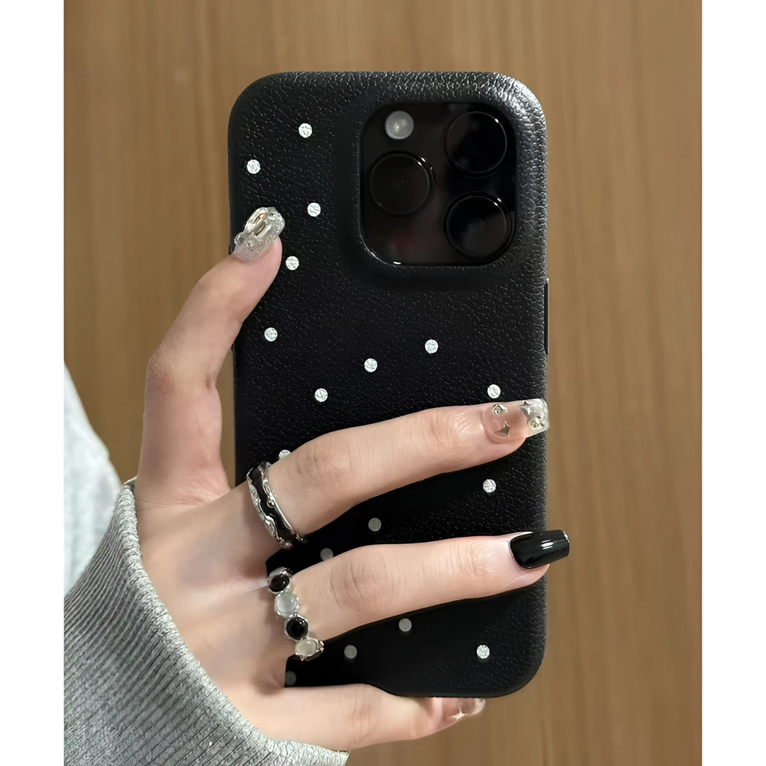 白色波点适用苹果16promax手机壳15防摔14仿皮纹13promax新款潮11