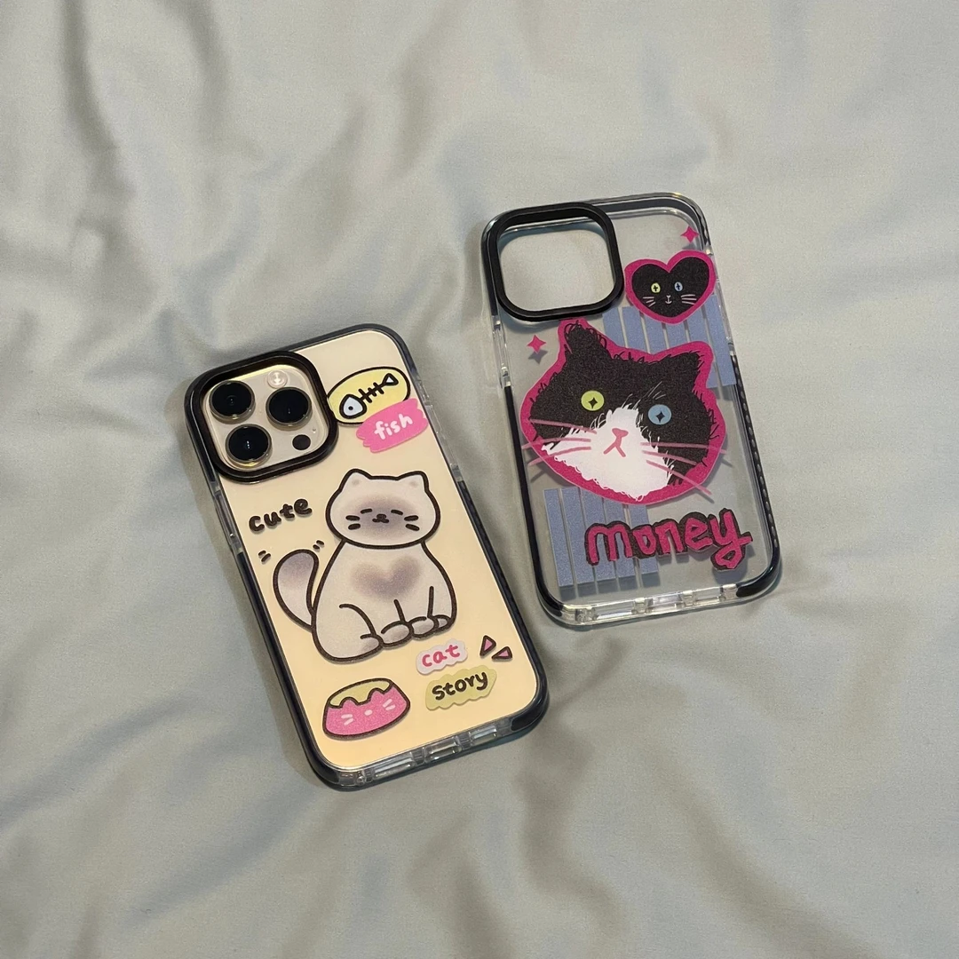 圈圈防摔条可爱黑白猫咪iPhone13/12Promax/7/8/xs/14苹果手机壳