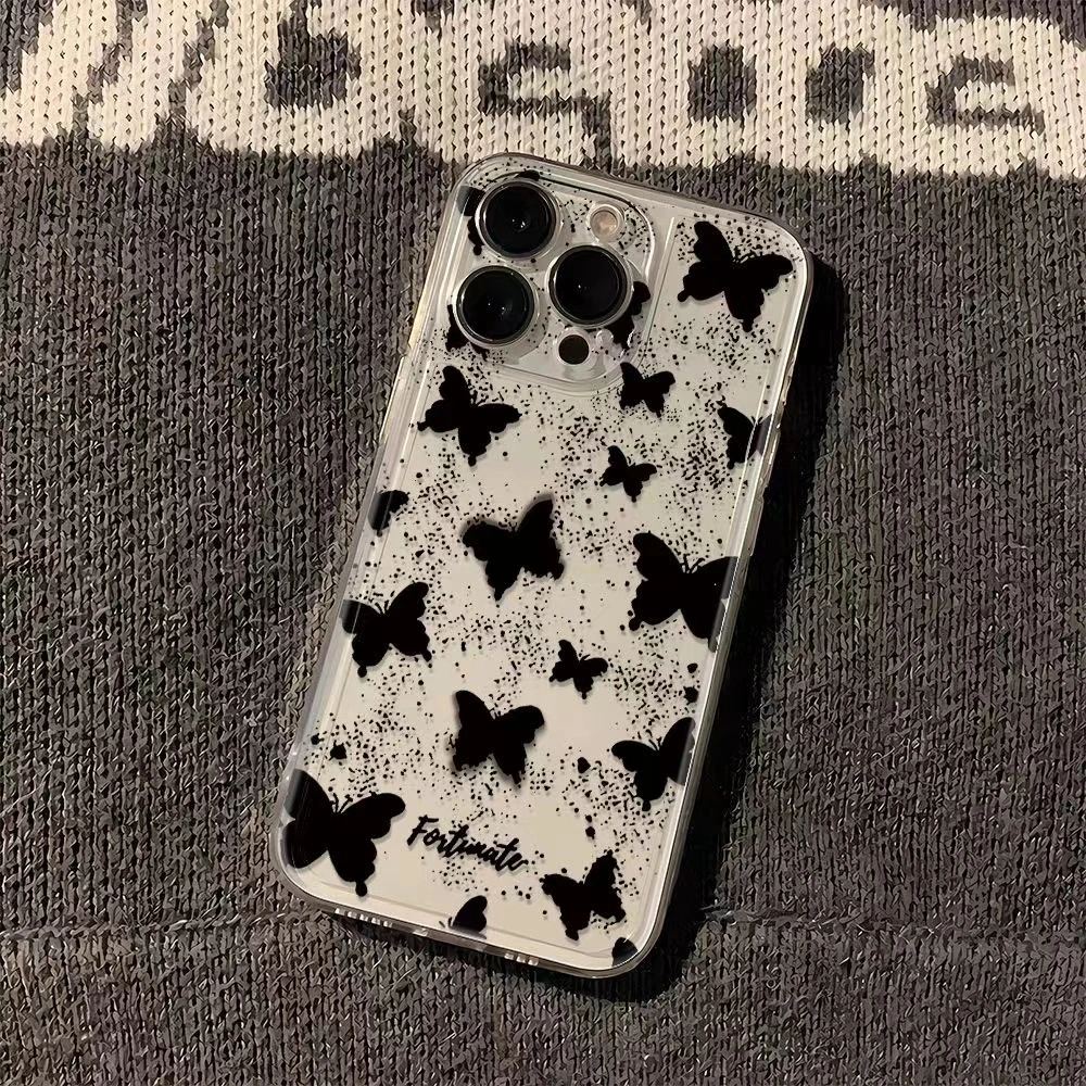 ins风高级黑色系蝴蝶苹果14Pro手机壳iPhone13/XR软12透明11/8p壳