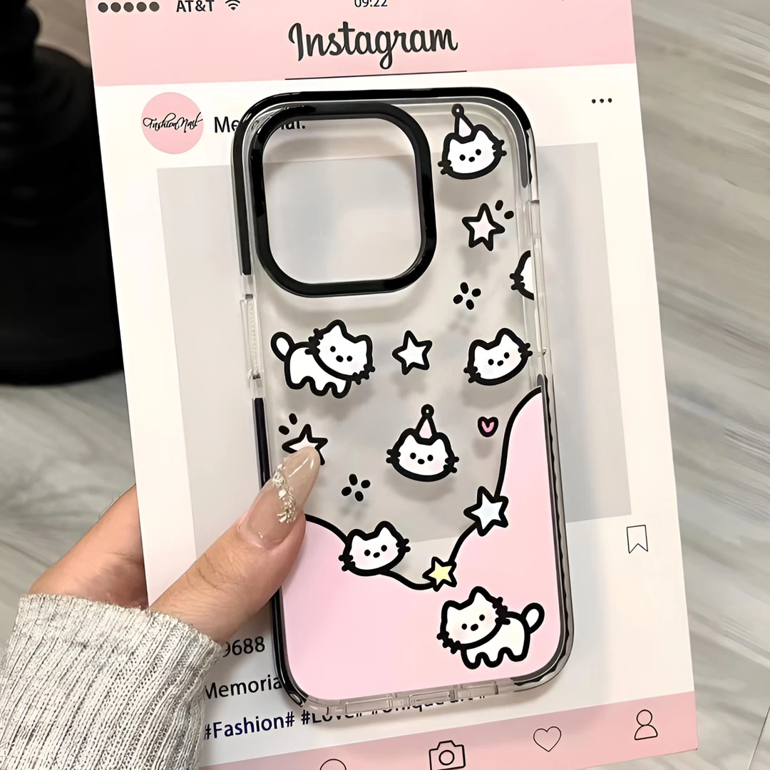 可爱涂鸦小猫适用iPhone15/14黑边防摔手机壳12/13PROMax苹果软壳