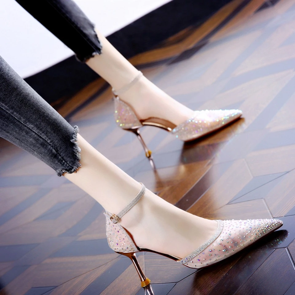 性感网纱中空气质细跟单鞋女士2025春夏季新款水钻一字扣带高跟鞋