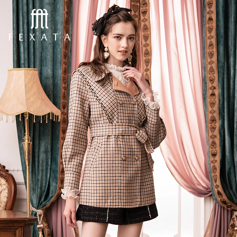 【白姐专属】FEXATA斐格思毛呢外套女双排扣格纹大衣