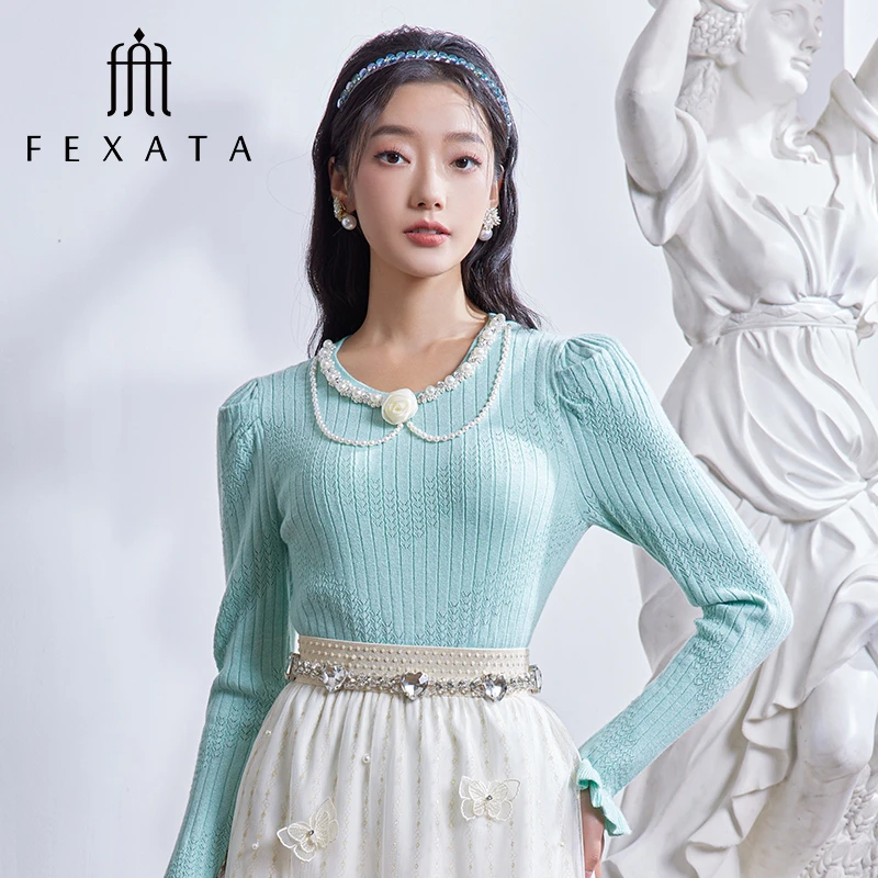 【小朱专属】FEXATA斐格思上衣女法式复古钉珠针织衫F41C0409