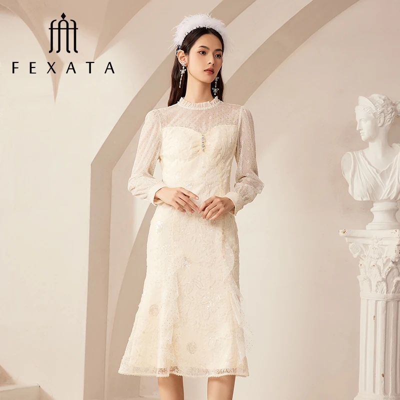 【黄蓉推荐】FEXATA斐格思网纱鱼尾裙长袖浪漫蕾丝连衣裙