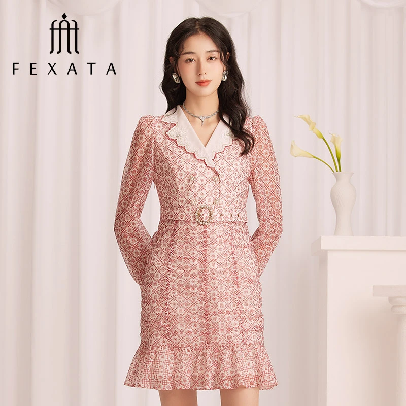 【高高甄选】FEXATA斐格思连衣裙复古棋盘格刺绣茶歇裙F31T1701